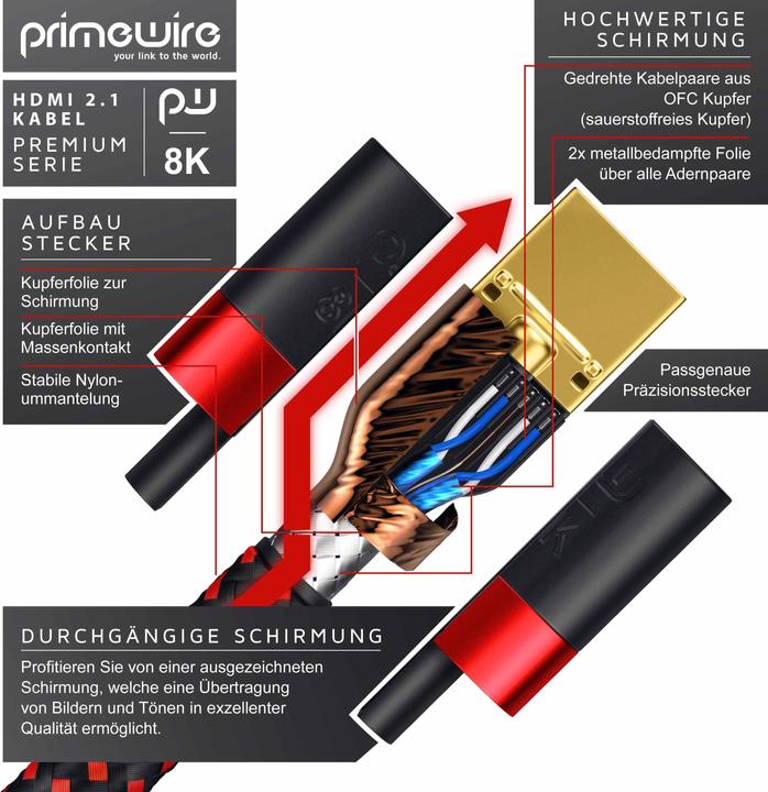Image du produit Primewire Câble HDMI 2.1, 8K @ 120Hz / 4K @ 240Hz DSC, ultra haute vitesse, gaine en nylon, HDR, ARC (1.50 m, HDMI)