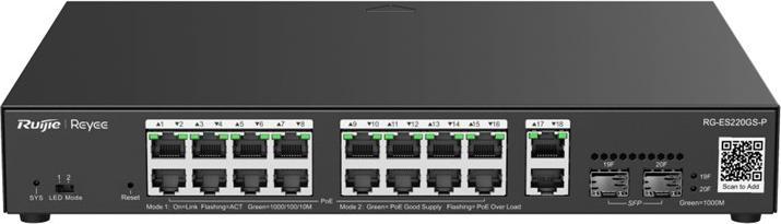 Image du produit Ruijie 20-Port Gigabit Smart POE Switch, 16 ports PoE/POE+ avec 2 ports de liaison montante Gigabit RJ45/2 (20 Ports)