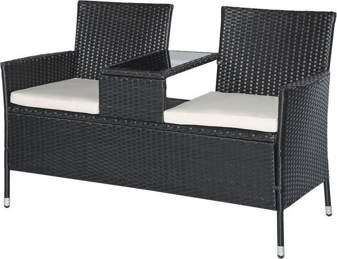 Produktbild Swisshandel24 Polyrattan Gartenbank Gartensofa Sitzbank mit Tisch 2-Sitzer Stahl Schwarz B133xT63xH84cm