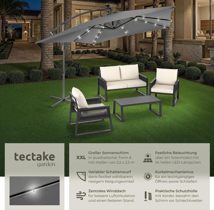 Immagine prodotto tectake Ombrellone Sunna LED-Solar con manovella 2,5 x 2,5 m (2.50 m)