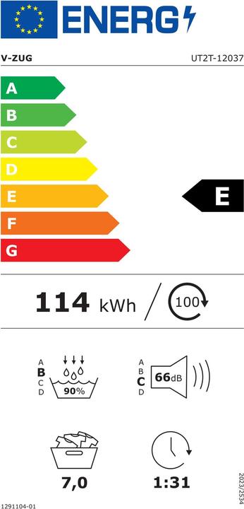 Label énergétique V-Zug Sèche-linge UnimaticSéchage V2000 (7 kg, Droite)