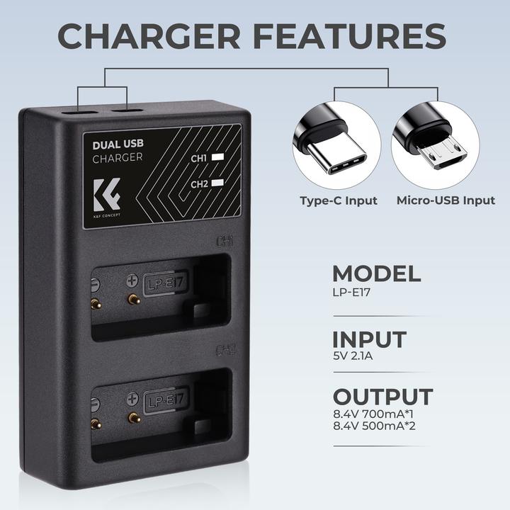 Produktbild K&F Concept LP-E17 Digital Camera LED Dual Channel Charger with Type C Charging Cable (Kamera Akku Ladegerät)
