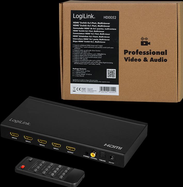 Produktbild LogiLink HDMI-Switch 4x1-Port, Multiviewer, 1080p/60 Hz, Scaler, Seamless, RC