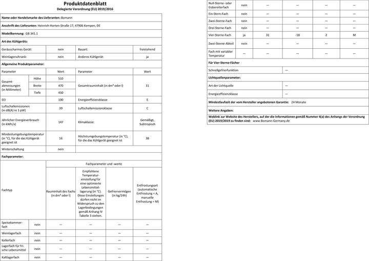 Produktbild Bomann GB 341 (Freistehend, 31 l)