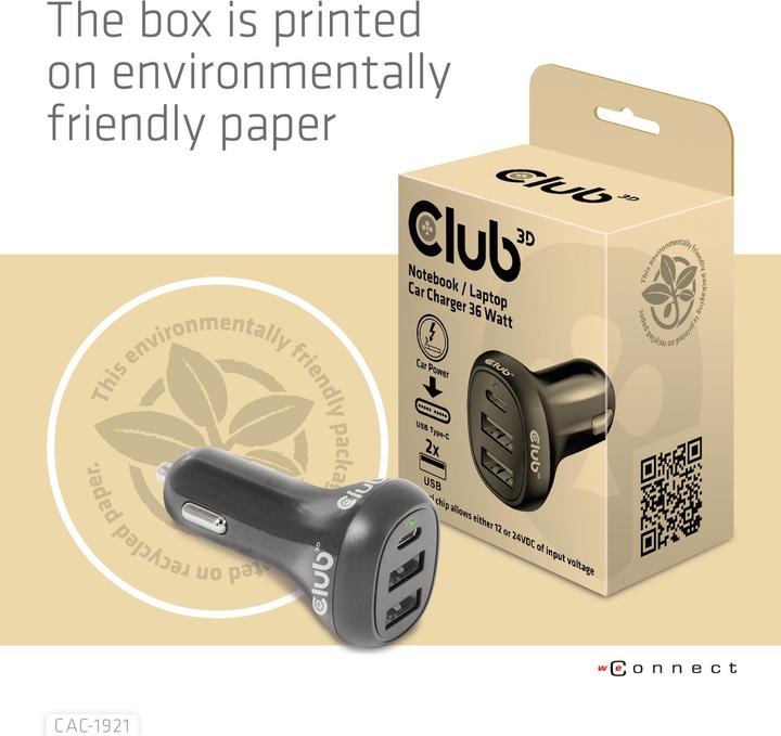 Actual product image Club 3D Club3D USB Car Charger 1xUSB C, 2xUSB A, 36W, 12/24V retail