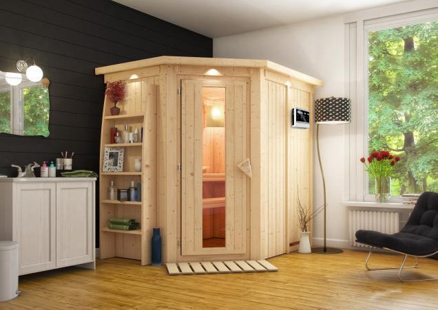 Produktbild Karibu Sauna Caspin Eckeinstieg, Kranz (Plug & Play 3,6 KW - Bio externe Steuerung)