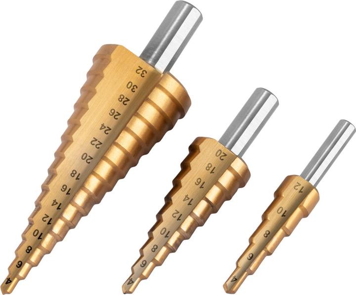 Actual product image Stahlwerk HSS step drill bit set of 3 TiN-coated drill bits with aluminium box (4-12mm, 4-20mm, Ø 4-32mm)