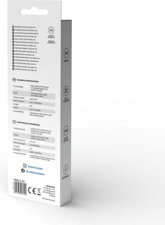 Produktbild Savio CL-162 dwustronny kabel USB- micro USB, 2m, kątowy, oplot (2 m)