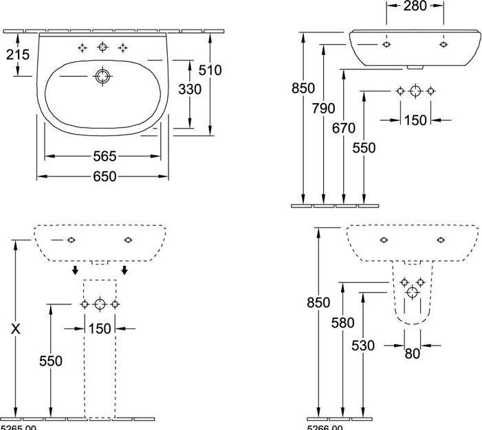 Produktbild Villeroy & Boch Waschtisch O.novo 65 cm wei mit Beschichtung 516065R1 (510 mm, 650 mm)