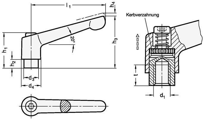 Produktbild Ganter Verstellbarer Klemmhebel GN 300.1 d1 M 12 mm l1 92 mm l2 40 mm Aussengewinde (92 mm)