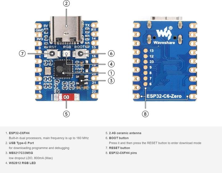 Immagine prodotto WaveShare Scheda di sviluppo ESP32-C6 Zero Mini con header