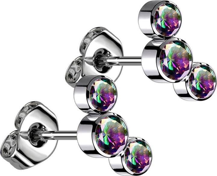 Actual product image Star Piercing Threadless stud earrings silver three crystals dark multicolour (without brass, Titanium G23)