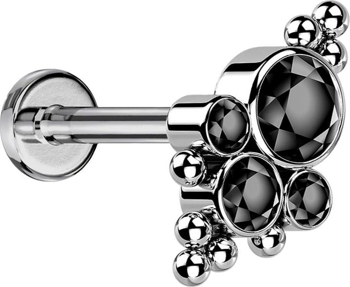 Star Piercing Micro Threadless Labret silber Kugeln vier Kristalle schwarz (ohne Messing, Titan G23)