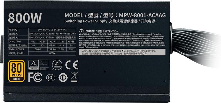 Actual product image Cooler Master ALIMENTATORE 800W G800 GOLD PFC-A 80+GOLD FAN 120MM (800 W)