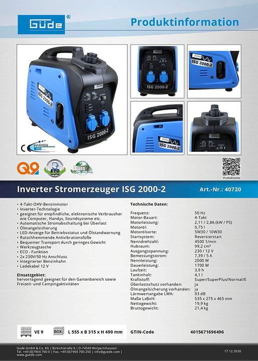 Actual product image Güde Power generator (2000 W, 4.10 l)