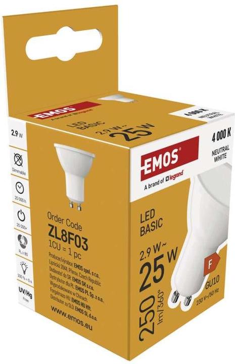 Produktbild Emos LED Lampe Basic MR16 / GU10 / 2,9 W (25 W) / 250 lm / Neutral Weiss (GU10, 2.90 W, 250 lm, 1 x, F)