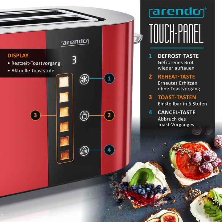Produktbild Arendo Toaster Edelstahl 4 Scheiben Langschlitz, Bräunungsgrad & Restzeitanzeige, Touch Display, 1500 W (EU-Stecker)