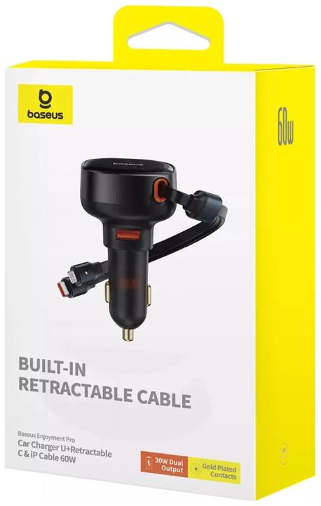 Image du produit Baseus Chargeur de voiture Enjoyment USB avec câble USB-C et Lightning 60W (noir)