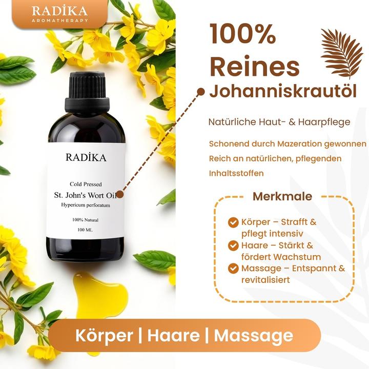 Produktbild Radika Johanniskrautöl, Johanniskrautöl, 100 % Rein, BIO, natürlich, 100 ml (Körperöl, 100 ml)