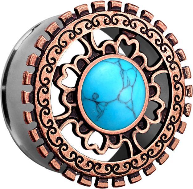 Star Piercing Flared Tunnel mit Tribal Schild antik rosegold und türkis Stein (Mineralisch, Messing, Chirurgenstahl 316L)