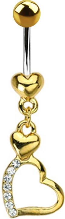Star Piercing Banane vergoldet mit Kugel und Herz Anhänger zwei Herzen (Messing, Chirurgenstahl 316L)