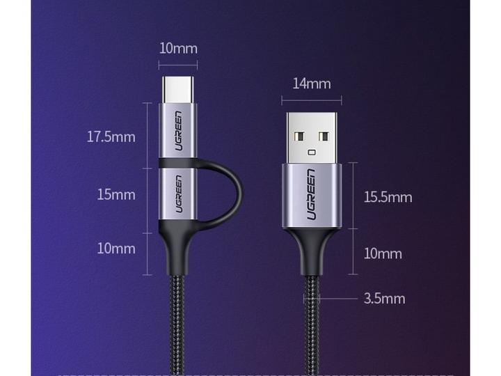 Produktbild Ugreen 2-in-1 USB-C / MicroUSB auf USB & Sync QC 3.0 (1 m, USB 2.0)