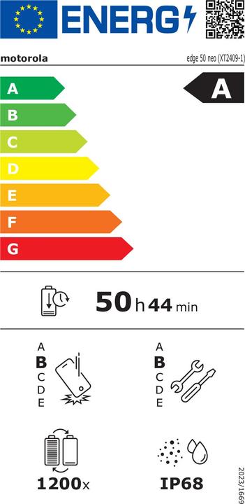 Etichetta energetica Motorola Edge 50 Neo (256 GB, PANTONE Grisaglia, 6.36", Doppia SIM, 50 Mpx, 5G)