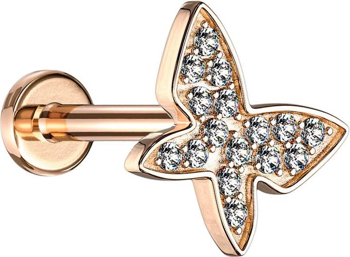 Star Piercing Micro Labret Innengewinde rosegold Schmetterling mit Kristallen (Chirurgenstahl 316L, Messing)