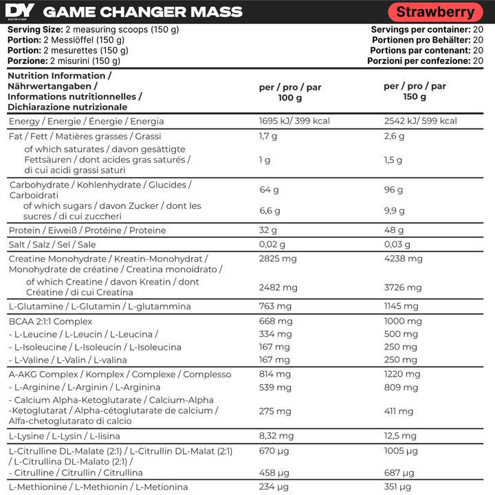 Nährwerte und Zutaten DY Nutrition Game Changer Mass (Erdbeere, 3000 g)