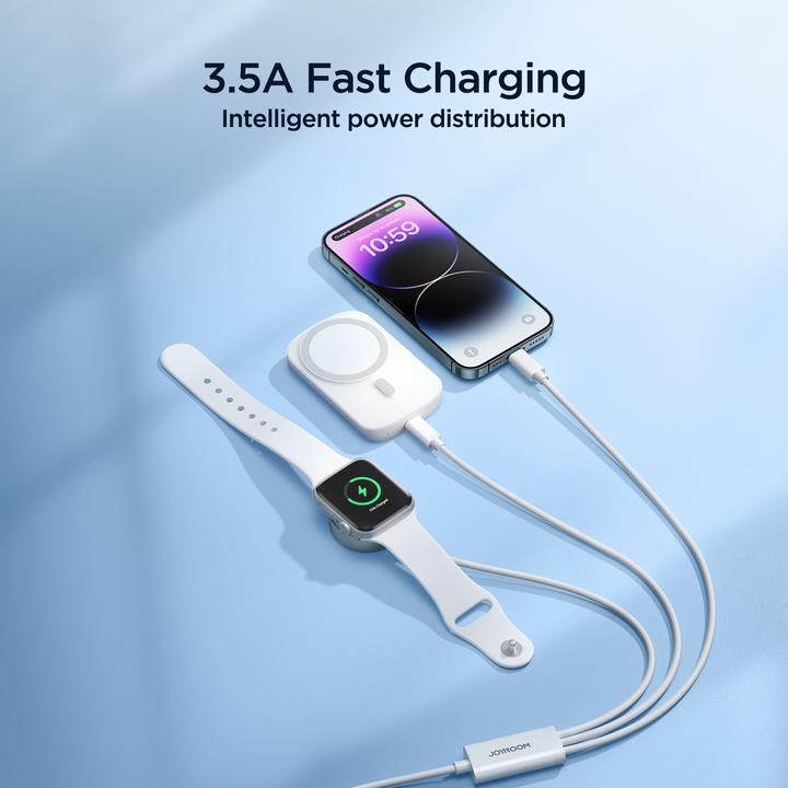 Produktbild Joyroom S-IW008 3-in-1-Kabel magnetisches Ladegerät USB-A – Lightning/USB-C 1,2 m – Weiss (1.20 m, 5 W)