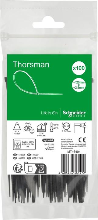 Produktbild Schneider Kabelbinder Thorsman, Abmessung: 120X2,5 mm, VPE=100 Stück Farbe schwarz IMT46404 (Kunststoffkabelbinder, 120 mm, 100 Stk.)