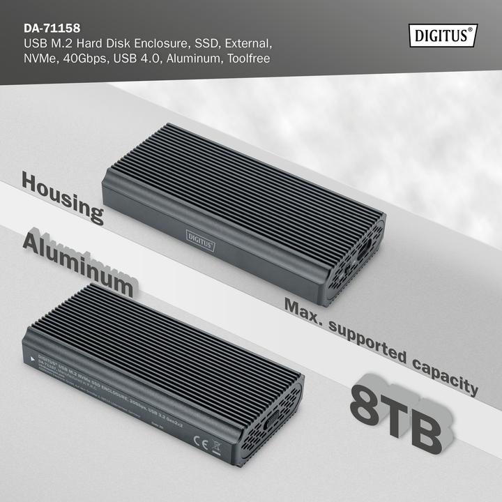 Immagine prodotto Digitus Alloggiamento per disco rigido USB M.2, SDD, esterno, NVMe, 40Gbps, USB 4.0, alluminio, senza attrez (M.2 2280, M.2 2230, M.2 2260, M.2 2242)