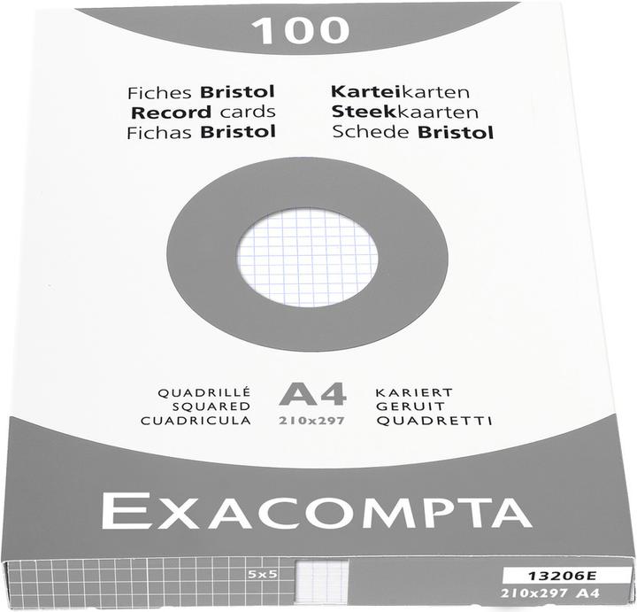 Exacompta Étui de 100 fiches - bristol quadrillé 5x5 non perforé 210x297mm - Blanc (210 x 297 mm, 205 g/m², 100 x)