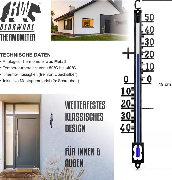 Actual product image Bearware Analogue thermometer made of metal, weatherproof, outdoor thermometer, classic design, -40° to +50°
