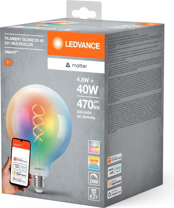 Produktbild Ledvance SMART+ MATTER FILAMENT GLOBE MULTICOLOR 4.8W 827...865 Multicolor E27 (E27, 4.80 W, 470 lm, 1 x, F)