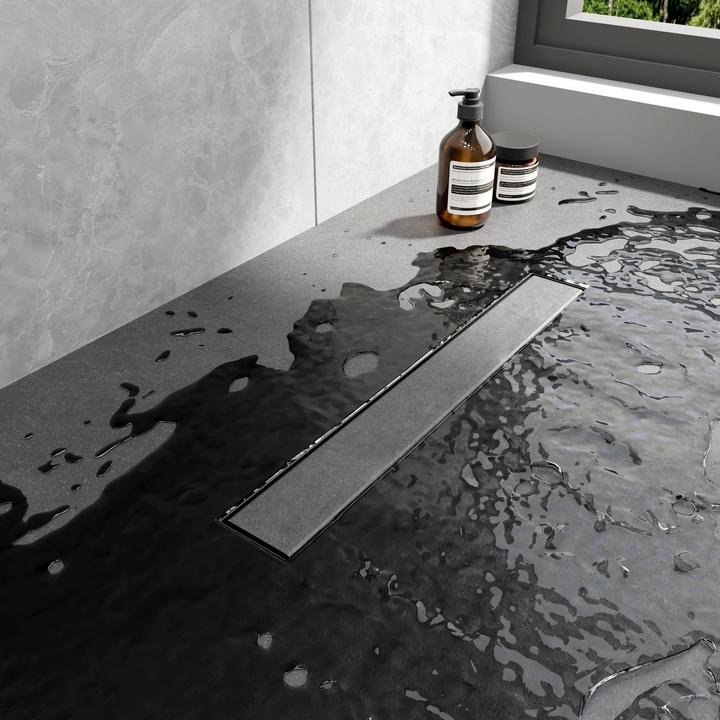Actual product image Emke Stainless Steel Shower Drain Channel, Complete Set with Siphon+Odour Stop+Hair Catcher, 500cm, Black (500 mm)