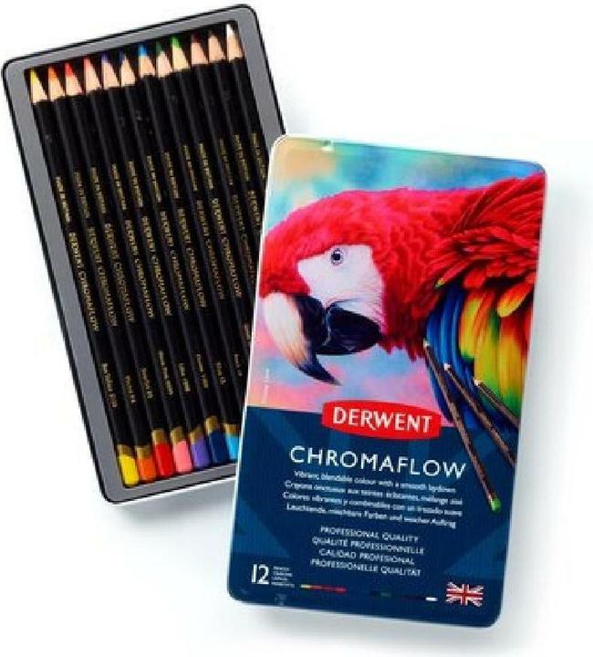 Actual product image Derwent Chromaflow coloured pencils (Blush Pink, Fleming, Natural Brown, Scarlet, grass green, Denim, Sun Yellow, Blue, Basil, Black, Lilac, White, 12 x)