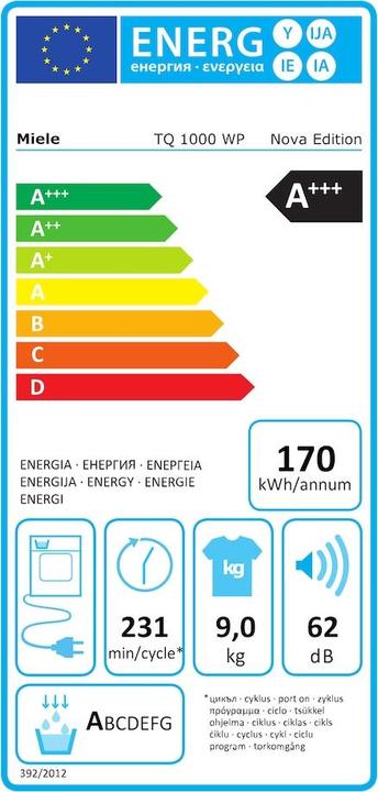 Etichetta energetica Miele TQ 1000 WP Nova Excellence EcoSpeed & Wash2Dry & SteamFinish - Wasdroger - 9 kg (9 kg, A sinistra)