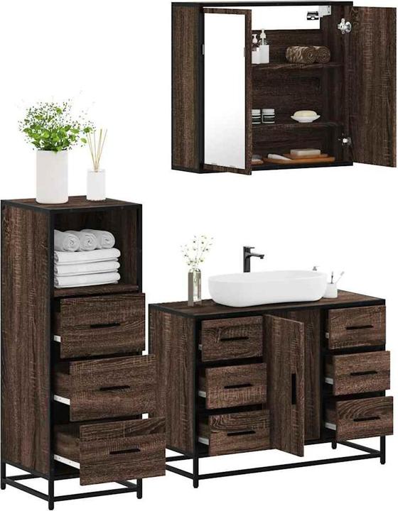 Produktbild VidaXL 3-tlg. Badmöbel-Set Braun Eichen-Optik Holzwerkstoff Badmöbelset