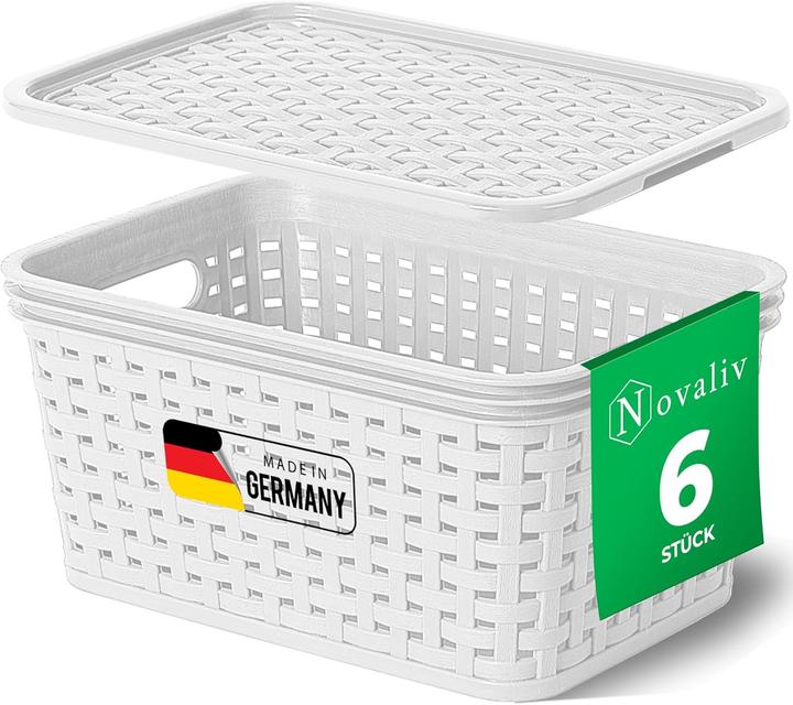 Immagine prodotto Novaliv 6er Set Aufbewahrungsboxen mit Deckel Mini 2L Korb Weiss in Rattan Design Lebensmittelecht Au (20 x 14 x 10 cm, 2 l)