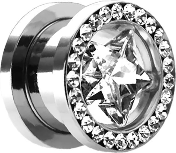 Star Piercing Flesh Tunnel silber mit Kristall silber und Stern (ohne Messing, Chirurgenstahl 316L)