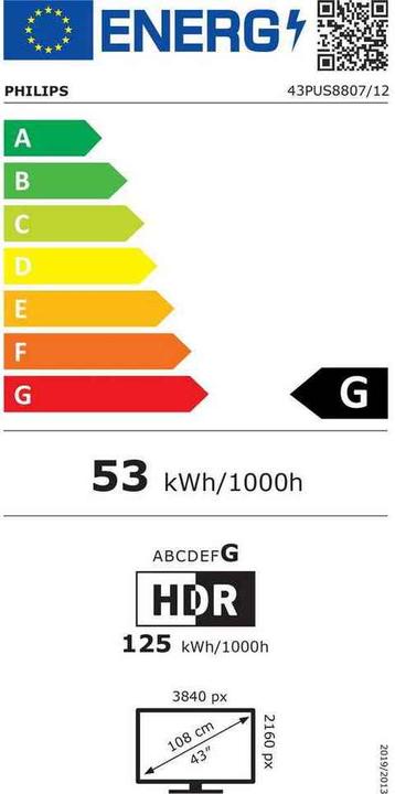 Energielabel Philips 43PUS8807/12 Ultra HD LED, Ambilight 3,, Android TV, P5 Perfect Picture Engine, HDR(10+), Dolby Atm (43", PUS8807, LED, LCD, 4K, 2022)