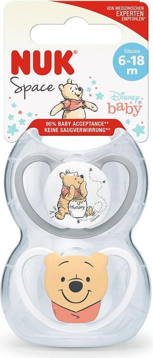 Produktbild NUK Disney Winnie Puuh Space Silikon-Schnuller, kiefergerechte Form, 6-18 Monate, 2 Stück, grau & we (2 x, 6 - 18 Monate)