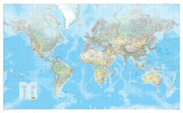 Die Grosse Weltkarte (physisch) 1:30 000 000, plano in Hülse