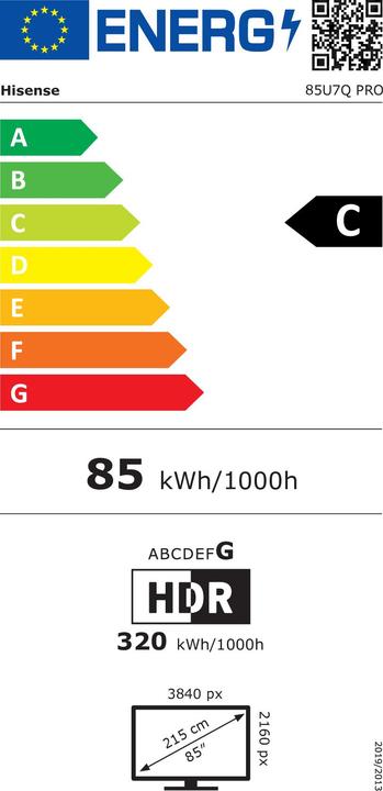 Label énergétique Hisense TV 85U7Q PRO 85" Mini-LED 4K, 165Hz, 2'000 Nits (85", LED, DHU, 2025)