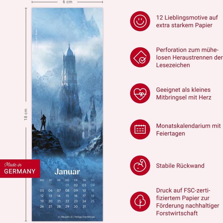 Immagine prodotto Fantasy Lesezeichen & Kalender 2026 (6 x 18 cm, Copertina rigida, Tedesco)