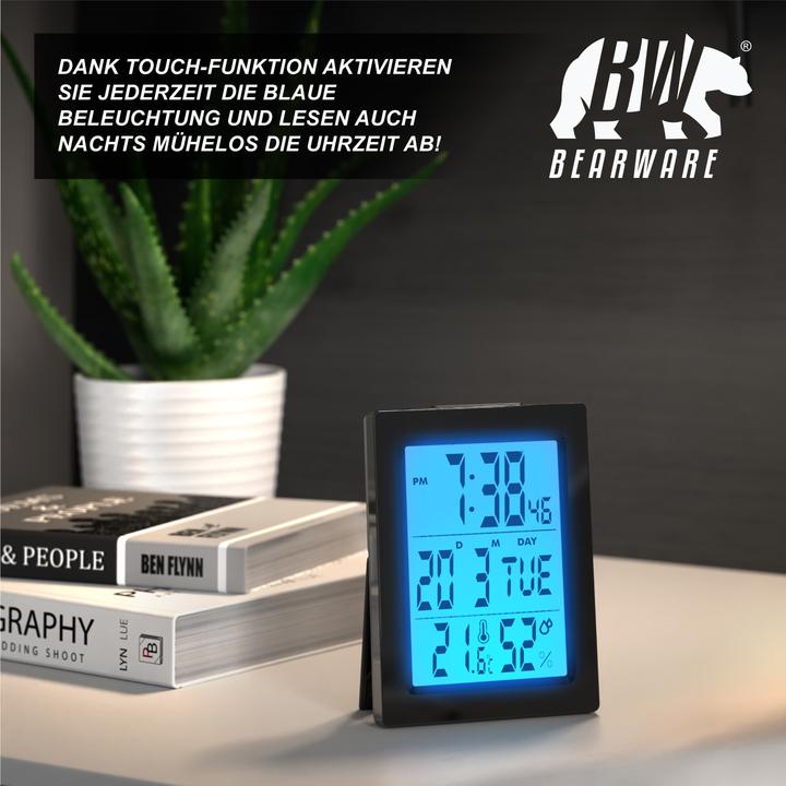 Produktbild Bearware Wecker digital, Reisewecker, Temperaturanzeige, Temperatur Luftfeuchte, 2 Alarme, Netzteil+Akku