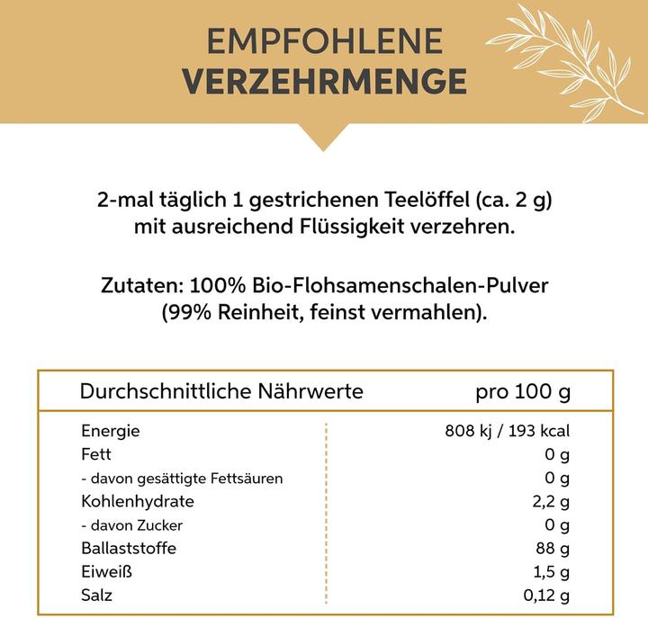 Nährwerte und Zutaten Eltabia Bio Flohsamenschalen Pulver | 99% Reinheit Flohsamen Schalen gemahlen (100 Stück, Pulver, 100 g)