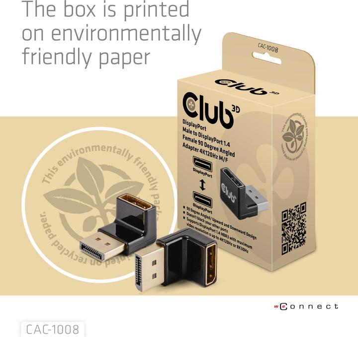 Actual product image Club 3D Club3D Adapter DP > DP 1.4 90° angled 4K@120Hz St/Bu retail (10.50 cm)