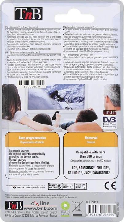 Image du produit T'nB Télécommande universelle 1 en 1 (Télécommande universelle, Infrarouge)